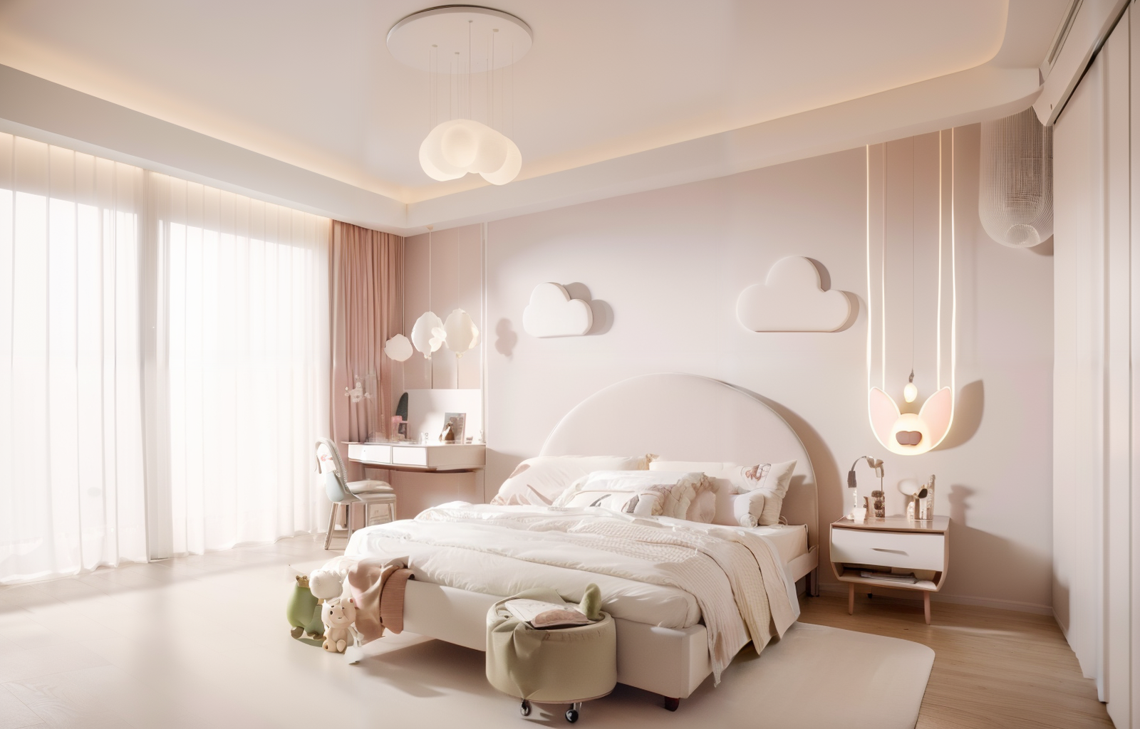 01929-3416912486-,rtf,girl' room,cloud lights,cartoon character,pink,Khaki curtains, white beds, wall coverings,windows,photography,masterpiece,b.png